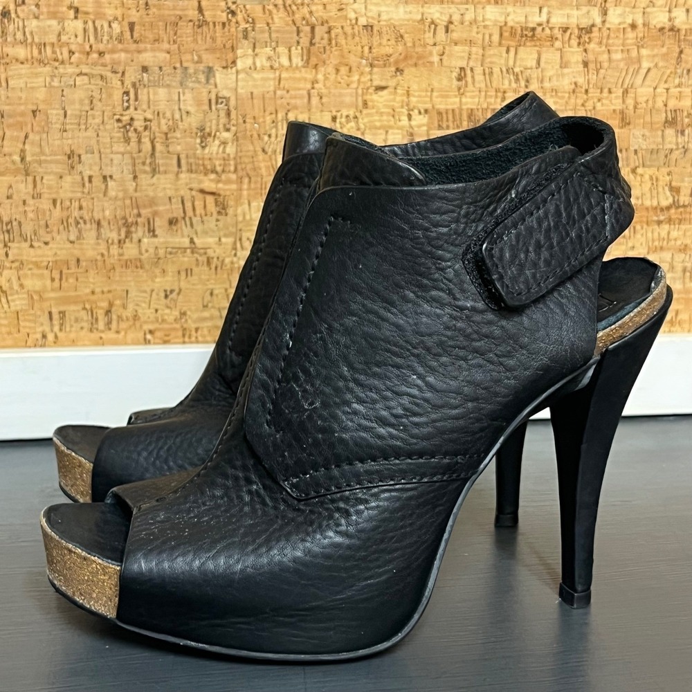 “Pedro Garcia Black Leather Platform‎ Heels Booties Cork Open Toe EUC Womens 39